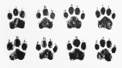 Fototapeta premium A captivating black-and-white illustration features six uniquely shaped paw prints arrayed horizontally. Each print varies in size and design, adding dynamic visual interest