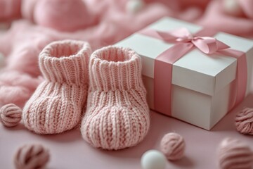 Baby Booties and Gift Box on Pink Background for Baby Shower Celebration and Newborn Announcement