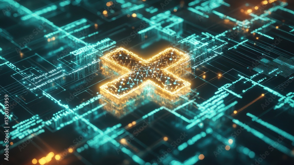 Poster glowing digital cross symbol amidst abstract technology circuit background with neon lights and data