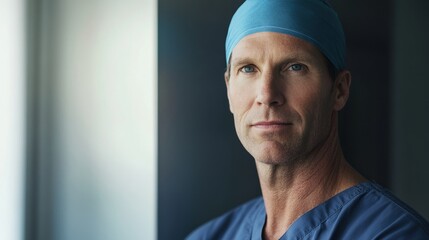 Male medical professional in scrubs, compassionate expression, 3/4 view against modern clinic wall, gentle window light with soft fill, f/2.8, heal

