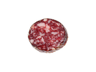 Piece of delicious dry cured sausage isolated on white