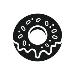 solid black donut with icing and sprinkles, minimalist vector icon