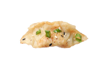 One fried gyoza dumpling with green onion isolated on white