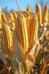 A field featuring a bountiful harvest of corn, adorned with numerous golden, ripe ears.