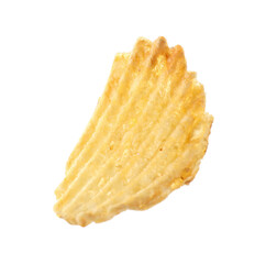 One tasty ridged potato chip in air isolated on white