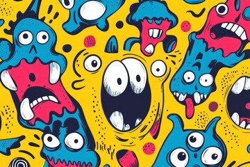 Colorful cartoon monsters with expressive faces cover the bright background
