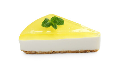 Piece of tasty lemon cheesecake with mint isolated on white