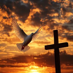Fototapeta premium Serene Dove in Flight: A Symbol of Peace and Hope Soaring Before a Majestic Cross Under a Radiant Sunrise. Perfect for religious, spiritual, or 