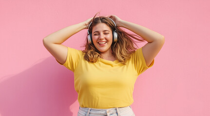 Beautiful smiling overweight woman dressed in a yellow t-shirt and with headphones on her head, listens to music standing against a pink wall on sunny day. Lifestyle of plus size people.