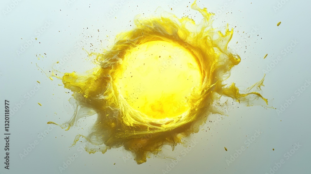 Wall mural glowing yellow sphere surrounded by smoke creating an ethereal visual effect against a soft backgrou