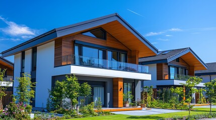Fototapeta premium Modern Residential Architecture with Lush Green Landscape and Blue Sky
