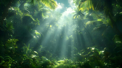 Obraz premium Sunlight Piercing Lush Tropical Forest