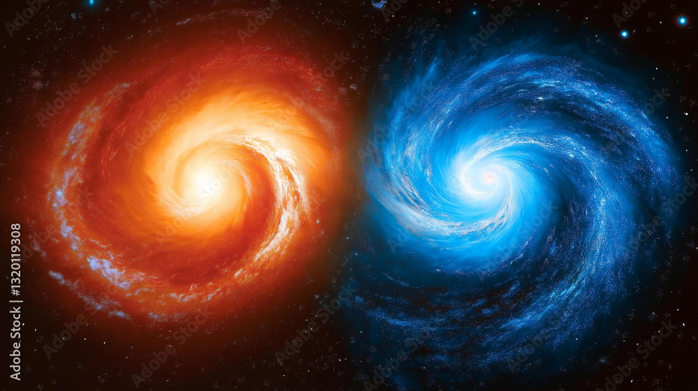 Poster two spiral galaxies colliding and merging in deep space