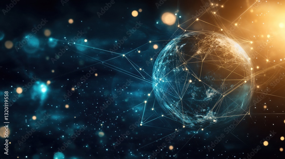 Aufkleber Exploration of interconnected virtual realms represented by glowing spheres and vibrant light beams in a cosmic setting
