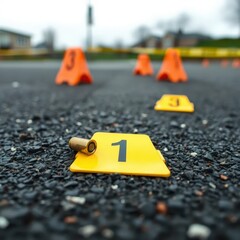 Crime scene evidence markers on asphalt