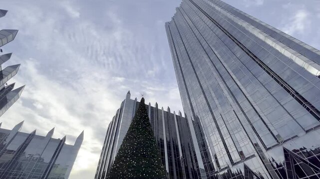 The Christmas tree in Market Square, Pittsburgh, shines brightly against the winter sky, bringing festive charm to the heart of the city.