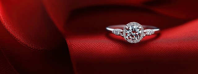 Diamond Engagement Ring with Heart-Shaped Ribbon on Red Background Romantic Wedding Jewelry