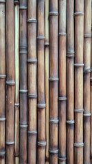 Fototapeta premium Close-up View of a Rustic Brown Bamboo Wall Texture, Showing Vertical Lines and Natural Knots in Detailed Pattern