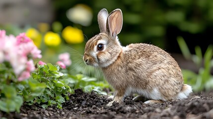 Fototapeta premium A playful rabbit hopping around a colorful garden, Generative AI