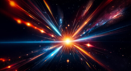 Obraz premium Dynamic explosion of light from center, radiating red and blue rays against a dark, star-speckled cosmic background.