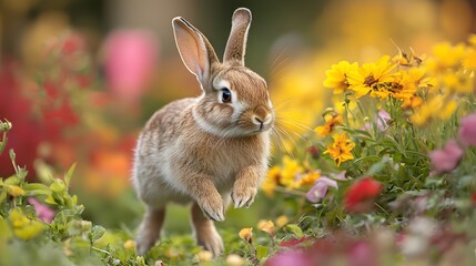 A playful rabbit hopping around a colorful garden, Generative AI