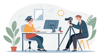 A student in a graduation cap sits at a desk with a computer, while a photographer captures the moment with a camera on a tripod.
