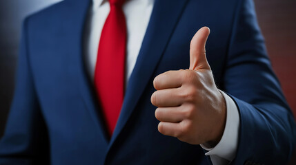 Businessman showing thumbs up sign of approval, wearing suit and red tie