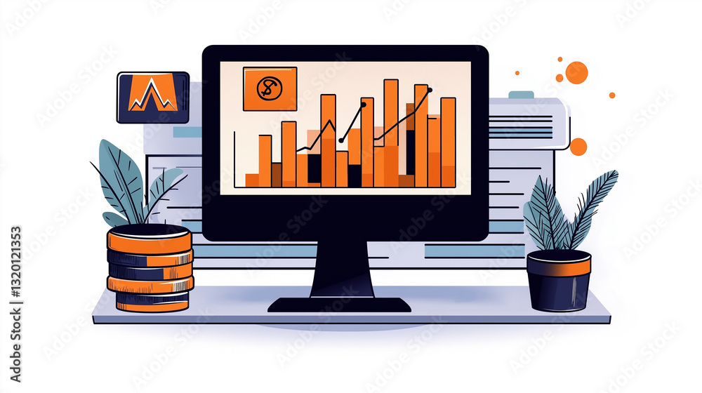 Aufkleber Computer showing growing bar graph and line chart with database and documents