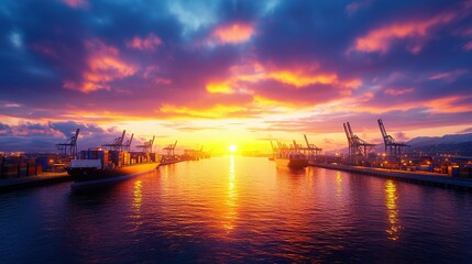Obraz premium A stunning harbor scene featuring ships under a vibrant sunset