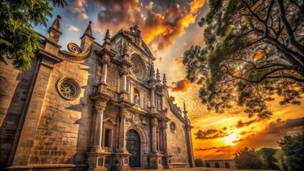 Fototapeta premium Ancient Stone Church at Sunset Majestic Facade, Golden Hour Illumination, Architectural Detail, Serene Landscape
