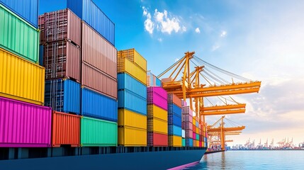 A cargo ship carrying various stacked colorful shipping containers