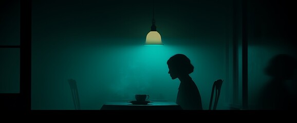 Silhouette Woman Alone at Table in Dark Room