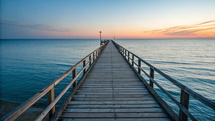 Fototapeta premium A Solitary Wooden Pier Extending Into A Calm Ocean At Sunset, Promising Tranquility And A Peaceful Journey Towards The Horizon With Soft Pastel Hues And A Tranquil Atmosphere