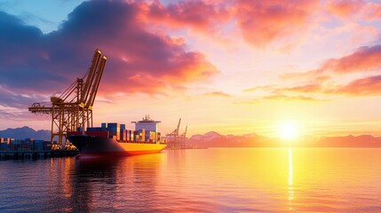 Obraz premium Cargo Ship Resting At Port Near Cranes During Sunset