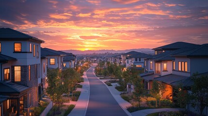 Serene Sunset Over Modern Suburban Neighborhood with Vibrant Sky