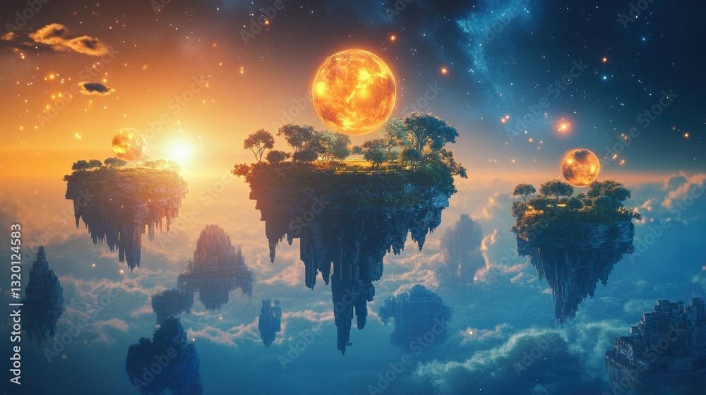Poster floating islands connect virtual worlds through luminous portals and vibrant landscapes inviting exp