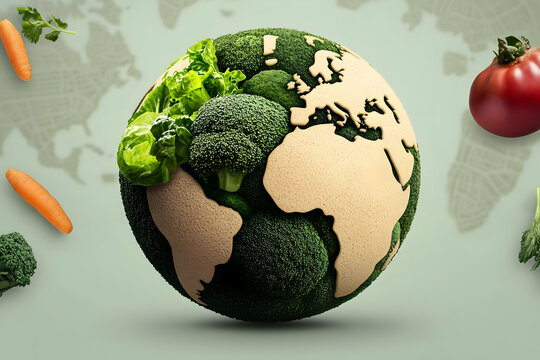 3D Render of Earth Covered in Green Vegetables, Illustrating Sustainable Agriculture and Global Food Production