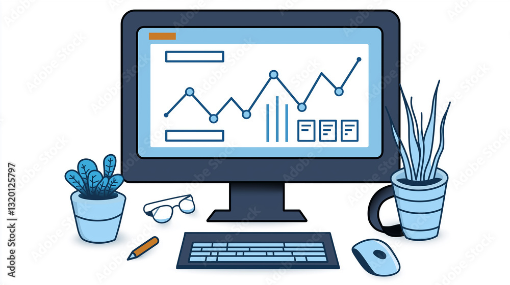 Aufkleber workplace desk showing growing business chart on computer screen
