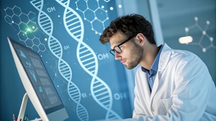 A focused scientist in a lab coat analyzes data on a computer, surrounded by DNA and molecular graphics, indicating research in genetics or biotechnology.