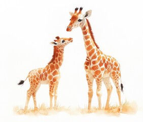 Fototapeta premium Giraffes Mother and Baby Watercolor Illustration Soft Pastel Wildlife Art
