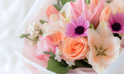 A stunning bouquet of vibrant flowers, elegantly arranged with a mix of roses, tulips, and lilies, Generative AI