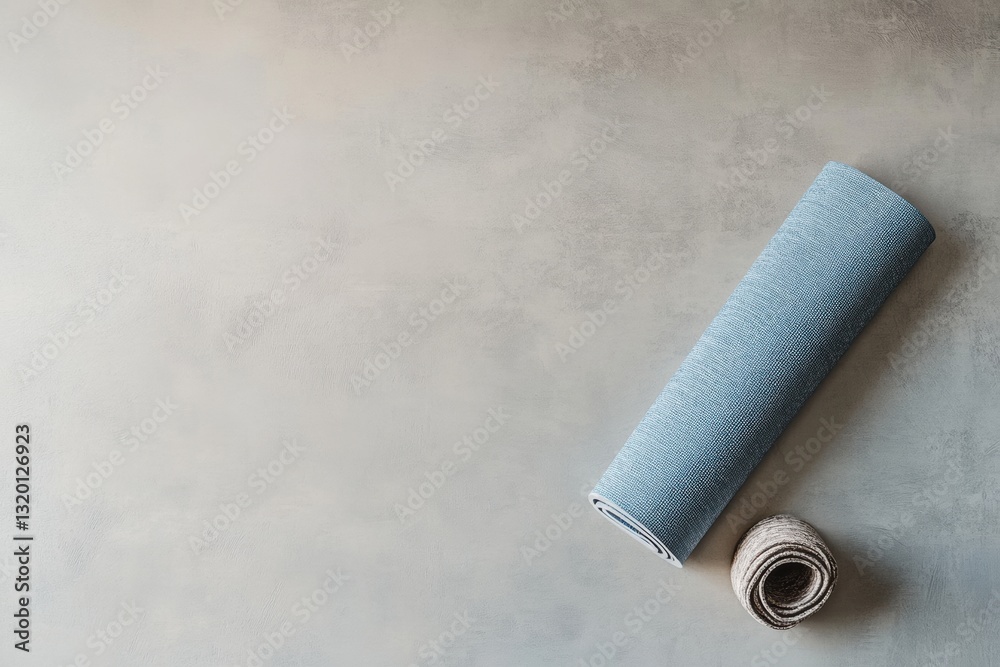 Poster Minimalistic yoga mat arranged diagonally on a light background with clean design and ample empty space for meditation practice and relaxation