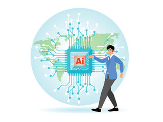 Business Visionaries Point to AI Icon on World Map. Embracing Intelligent Technology Innovation.