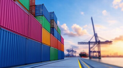 Colorful stacked shipping containers along a long harbor road