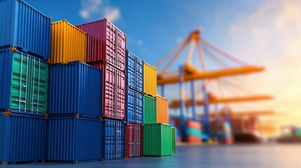 Colorful stacked shipping containers at a busy industrial port terminal