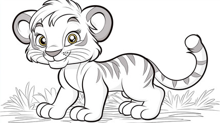 Fototapeta premium Adorable white tiger cub exploring the savannah grass