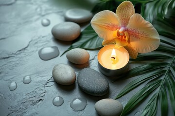 Zen Spa Still Life with Gray Stones Candle and Orchid