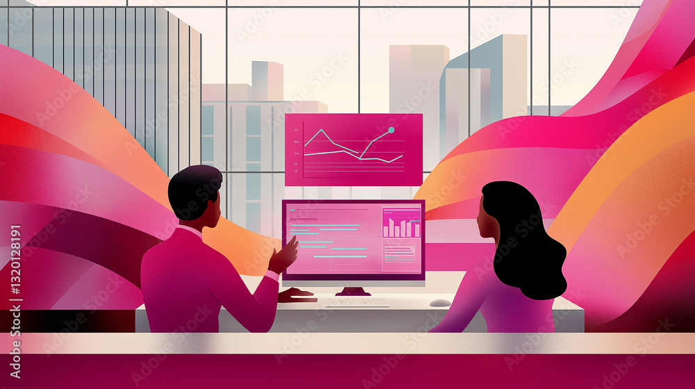 Poster business people analyzing data on computer in modern office with colorful waves