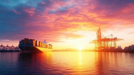 Obraz premium A large container ship sailing into a beautiful sunset scene
