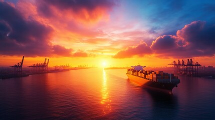A container ship sails towards a harbor at beautiful sunset